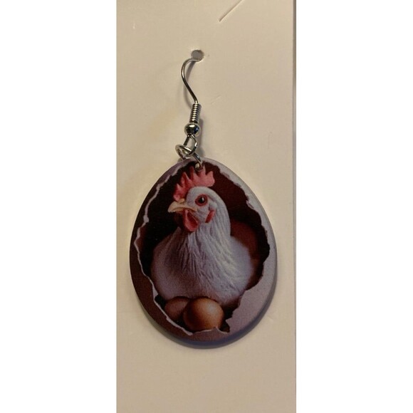 Rooster in a Chicken Egg Dangle Earrings Quirky Whimsical Kooky Barnyard Animal - Picture 3 of 6